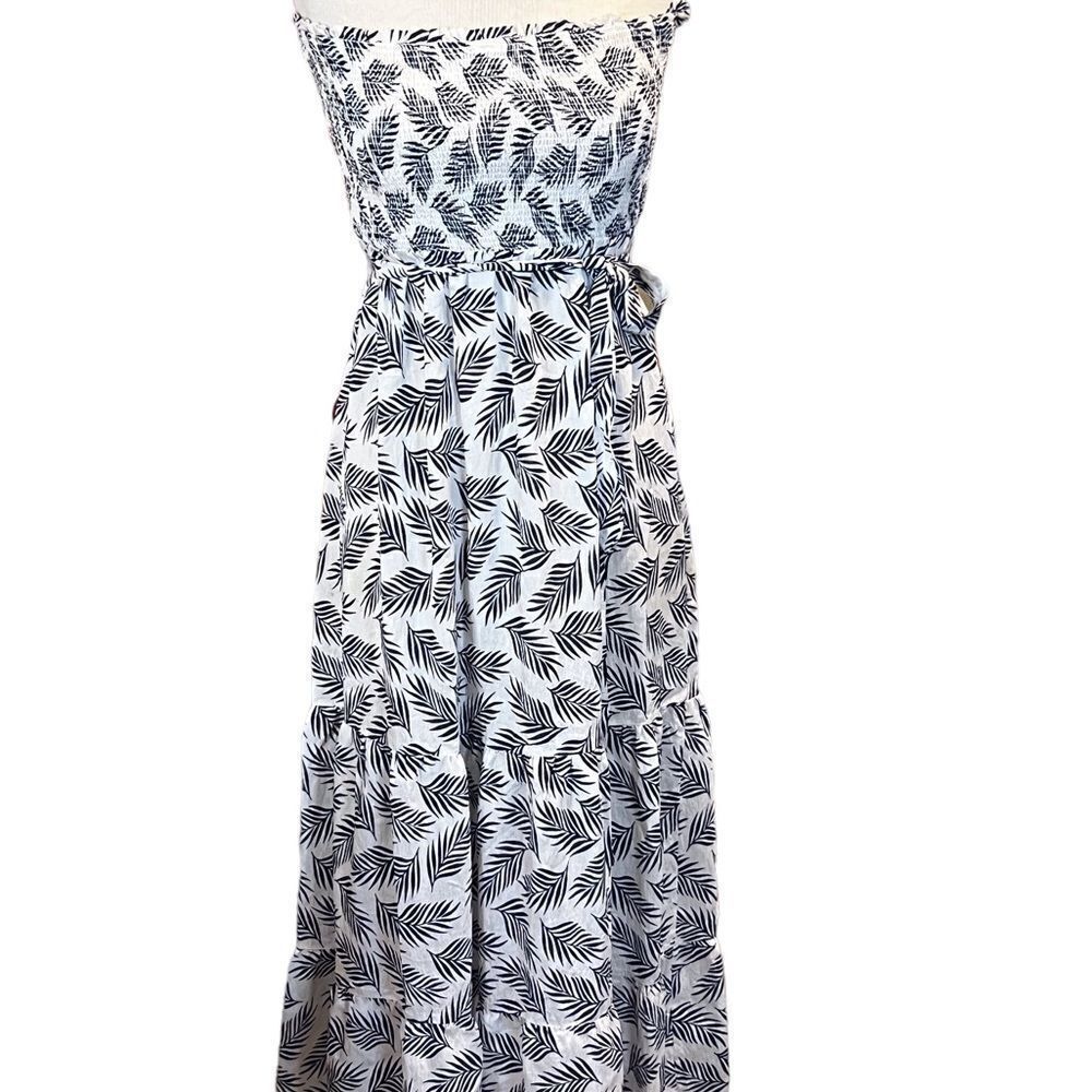 “”SUPER””, Bahamian long maxi dress with blue palm tree leaves.